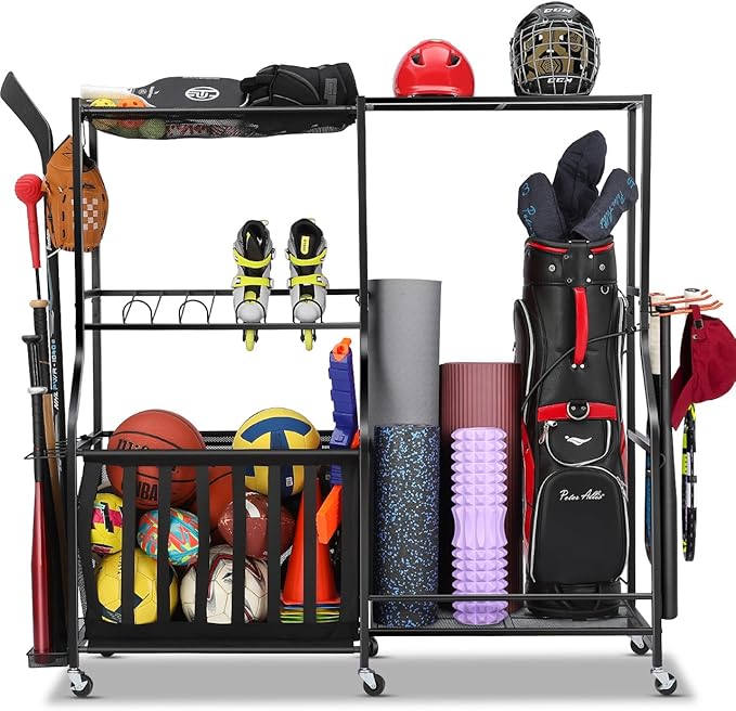 Garage Sports Equipment Organizer with Wheels - Golf Bag Storage Rack and Ball Storage Bins, Heavy Duty Rolling Garage Organizer System with Basket and Hooks for Indoor (Black-Large)
