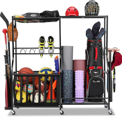 Garage Sports Equipment Organizer with Wheels - Golf Bag Storage Rack and Ball Storage Bins, Heavy Duty Rolling Garage Organizer System with Basket and Hooks for Indoor (Black-Large)