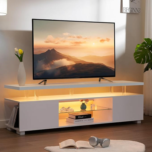 TV Stand for 75+ inch TV, LED TV Stands for Living Room,White TV Cabinet,Long Entertainment Center for Living Room, Modern TV Table with Storage Bedroom,Home Office