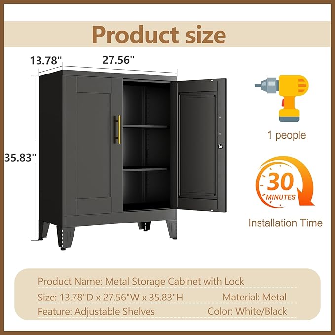 36" Tall Metal Storage Cabinet with Lock, Locking Cabinet with 2 Doors and 2 Adjustable Shelves, Black Bathroom Floor Cabinets, Freestanding Locked File Cabinets for Home/Office/Garage