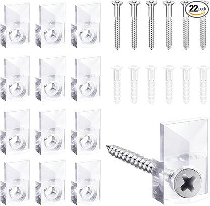 22 Sets of Mirror Holder Clips Kit,Crystal Clear Plastic Mirror Clip,Mirror Holder Clips Glass Retainer Clips Kit,Mirror Hanging Kit with Screws and Fixed Mirror Box Door(Classic Style)