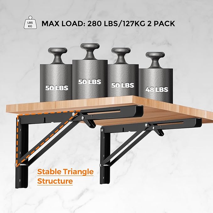 Ravinte 2 Pack 22 Inch Folding Shelf Brackets – Matte Black, Heavy Duty Collapsible Brackets for Tables and Benches – Space-Saving Design