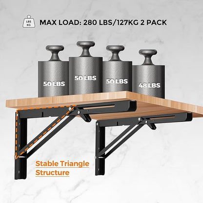 Ravinte -2 Pack 20 Inch Folding Shelf Brackets – Matte Black, Heavy Duty Collapsible Brackets for Tables and Benches – Space-Saving Design