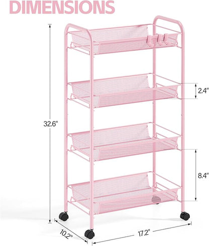 4-Tier Metal Utility Cart, Mesh Wire Rolling Cart on Wheels, Storage Trolley with Easy Assembly, Organizer Craft Cart 3 Hooks, Mobile Shelving Unit for Bathroom, Laundry Room, Home
