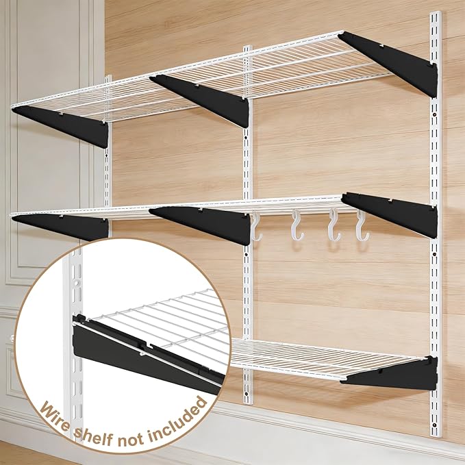13-Inch Double-Track Wire Shelf Brackets, 10 Pack – Heavy-Duty Metal Shelving Supports for Twin-Track Wall Systems, Compatible with Wire Shelving and Wood Shelves, Black