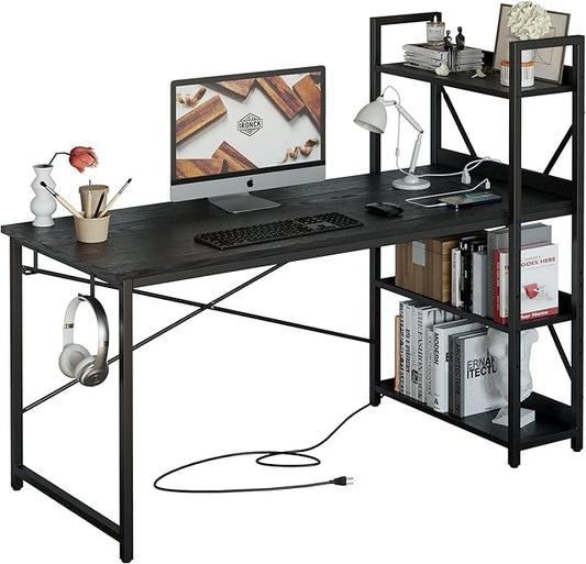 IRONCK Computer Desk 55" with Power Outlet and Storage Shelves, Study Writing Table with USB Ports Charging Station, PC Desk Workstation for Home Office, Black