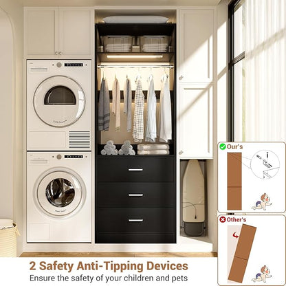 2FT Closet System with 3CCT Motion Sensor Light, 24" Closet Organizer with 3 Wooden Drawers, Closet Systems with Hanging Rod & Top Storage, Small Closets Wardrobe for Walk-in Closets, Black