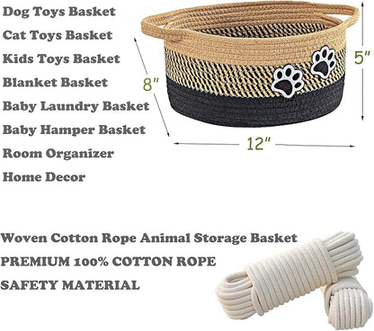 Small Woven Cotton Rope Nursery Organizer Bins, Dog Toy Basket Bins with Handle, Cute Empty Baby Gift Storage Baskets with Paw