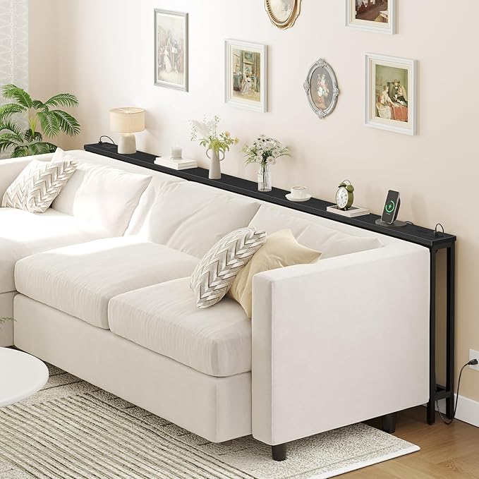 HOOBRO 55.1" Narrow Console Table with Power Outlets, 5.9" Behind Couch Table with Charging Station, Long Sofa Table, Skinny Entryway Table for Living Room, Hallway, Foyer, Black BB145UXG01