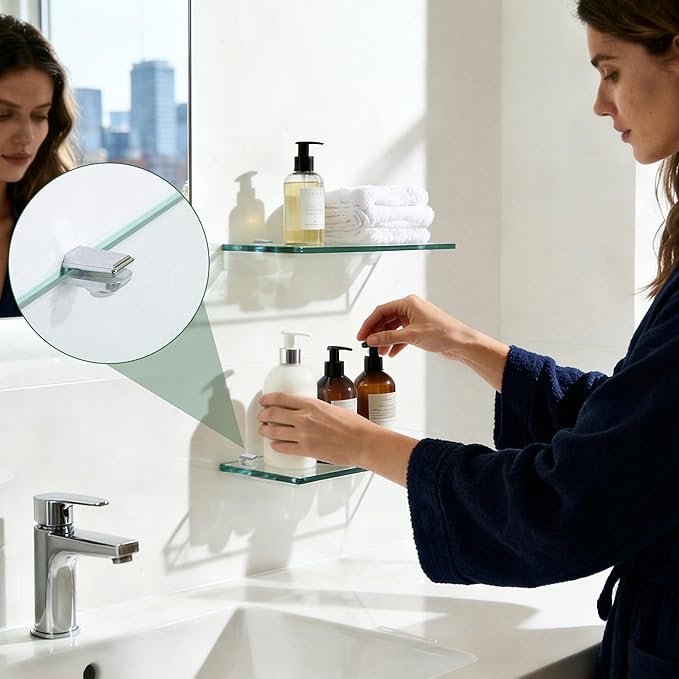 Alise Glass Shelf Brackets,Adjustable Clamp Brackets for Shelves,Wall Mount Clamps for 5-8mm Glass Shelves,Bathroom Clip Holder Support Hardware,Pack of 4