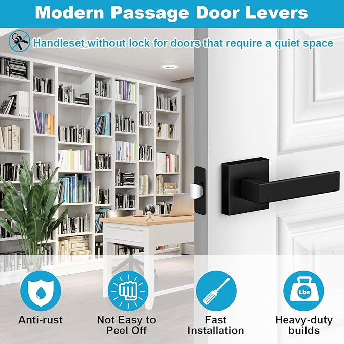 Estmoon 2 Pack Passage Door Levers, Matte Black Door Knobs Interior Square Door Handles, Heavy Duty Non-Locking Leversets Hall Closet Handles, Reversible for Right & Left Sided Doors