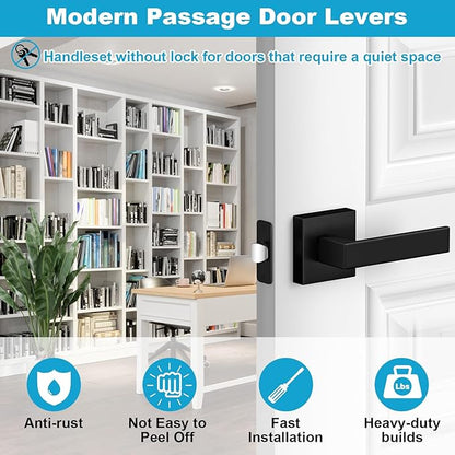 Estmoon 6 Pack Door Handles Matte Black - Passage Door Knobs Interior Square Door Levers, Heavy Duty Non-Locking Leversets Hall Closet Handles, Reversible for Right & Left Sided Doors