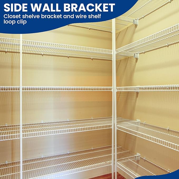Wire Shelf End Bracket and White Down Wall Clips Kits, 4 Pcs White Plastic Closet Shelves Brackets and 8 Pcs Wire Shelf Loop Clip for Shelves Closet (Fasteners Included)