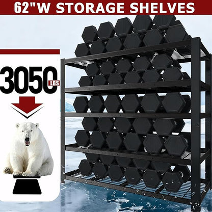 62" W 3050LBS Storage Shelves Unit,5 Tier Heavy Duty Metal Shelving Unit and Storage Large Rack,72" H x62 W x24 D Adjustable Metal Shelving Unit,Garage Shelves for Basement,Warehouse
