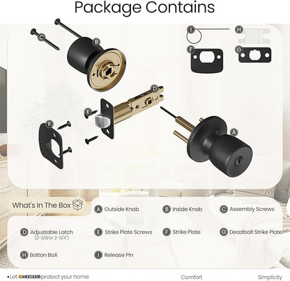 HOSOM Privacy Door Knob, Matte Black Door Knob Set Keyless Doorknobs Interior Door Lock for Bathroom, Bedroom, Black Door Handles, 2 Pack