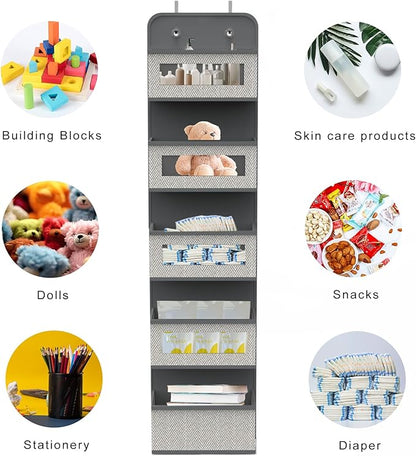 Over The Door Hanging Organizer with 5 Big Pockets, Wall Mount Fabric Back of Door Storage Organizer with Clear Window & Metal Hooks for Pantry Closet Diaper Dorm Nursery Bedroom