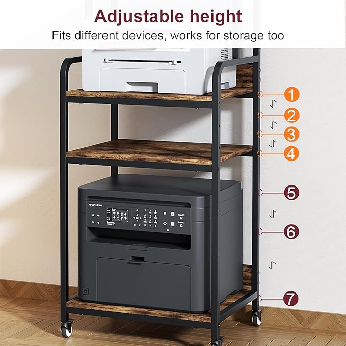 Extra Large Printer Stand with Wheels, 4-Tier Tall Printer Table, Printer and Shredder Stand with Storage Shelf for Home Office (Rustic Brown)