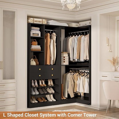 Closet System with 2 Drawers, 3 Hanging Rods, 59.5" * 31.5" Closet Organizer System with Corner Tower, Reversible L Shaped Walk-in Closet System, Corner Closet System Set of 2, Black