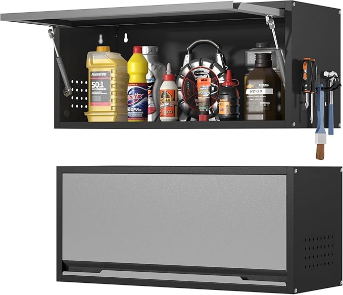 Metal Garage Wall Cabinet, Floating Garage Tool Cabinets with Up-Flip Door,13.8''H Hanging Wall Mounted Storage Cabinet for Garage, Warehouse, Kitchen, Bathroom, Workshop, RV, Gray