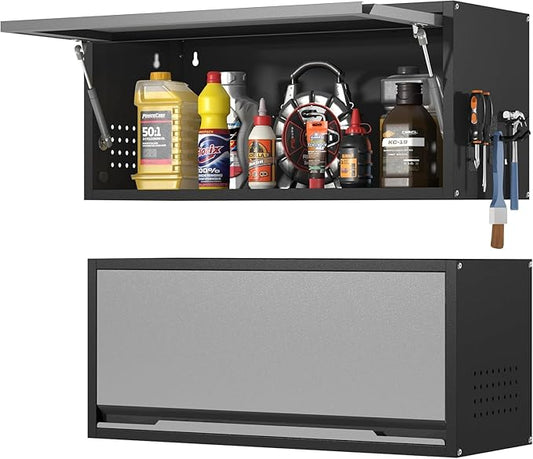 Metal Garage Wall Cabinet, Floating Garage Tool Cabinets with Up-Flip Door,13.8''H Hanging Wall Mounted Storage Cabinet for Garage, Warehouse, Kitchen, Bathroom, Workshop, RV, Gray