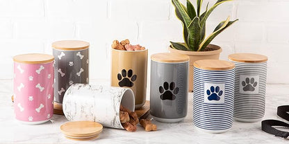 Bone Dry Ceramic Canister with Bamboo Lid, Paw & Bone Collection, Treat Jar, 4x6.5", Rose