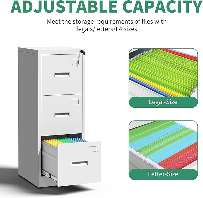 3 Drawer File Cabinet, Vertical File Cabinets with Lock for Home Office,Heavy Duty Office Steel Filing Cabinet for Hanging Letters/Legal/A4, Assembly Required (White)