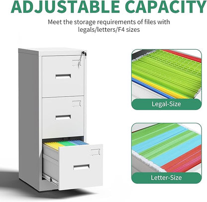 3 Drawer File Cabinet, Vertical File Cabinets with Lock for Home Office,Heavy Duty Office Steel Filing Cabinet for Hanging Letters/Legal/A4, Assembly Required (White)