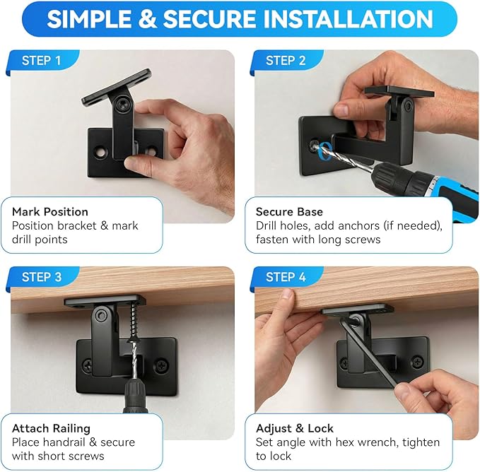 6 Pack Handrail Brackets, Laysmkit Adjustable Handrail Bracket for Staircase, Black Hand Rail Bracket, Wall Mounted Stair Railing Brackets with Installation Hardware for Stairs, Bedroom, Corridors