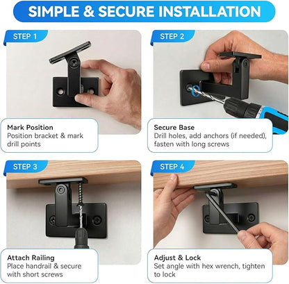 6 Pack Handrail Brackets, Laysmkit Adjustable Handrail Bracket for Staircase, Black Hand Rail Bracket, Wall Mounted Stair Railing Brackets with Installation Hardware for Stairs, Bedroom, Corridors