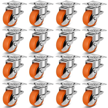 Caster Wheels, 1.5 Inch Casters Set of 16, Heavy Duty Caster with Brake, Locking Castors with Polyurethane Wheel,Small Plate Swivel Castor Wheels for Furniture Carts，Luggage, Pack of 16