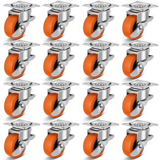 2" Caster Wheels, Casters Set of 16, Heavy Duty Caster with Brake, Locking Castors with Polyurethane Wheel，Small Plate Swivel Castor Wheels for Furniture Carts and Workbench,Pack of 16