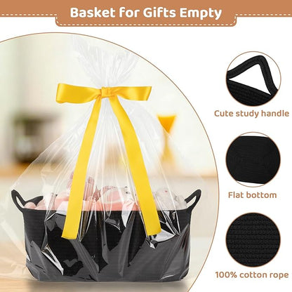Large Empty Gift Baskets for Baby Shower, 16.5" L x 12.6" W x 7" H Cute Woven Storage Basket with Gift Bags and Ribbons, Small Rope Toy Basket with Handles, Cat Dog Pet Toy Organizer - Black