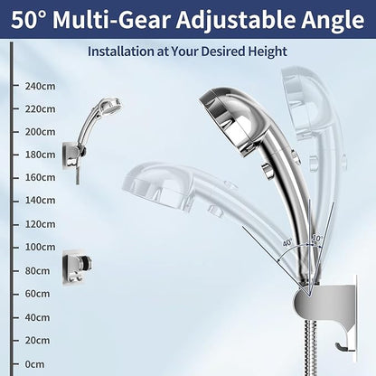 HANLIAN Strong Adhesive Handheld Shower Head Holder Without Drilling, 50° Adjustable Shower Wand Holder Wall Mount with Hooks, Waterproof Hand Held Showerhead Bracket with Hanger(Chrome, 1 Piece)