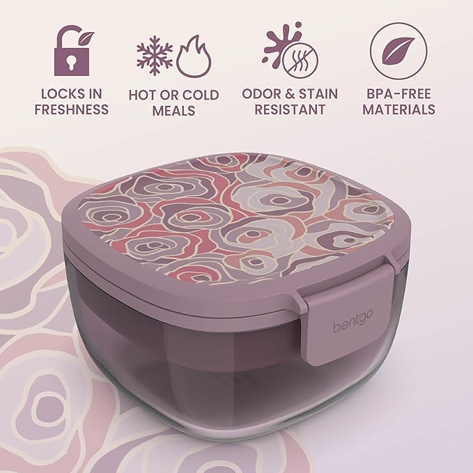 Bentgo Glass Prints Salad Container - 7.6-Cup Tinted Glass Salad Bowl with Airtight Lid, Leak-Proof Sauce Container, 4-Compartment Bento Meal Prep Tray & Reusable Fork (Floral Maximalist - Bouquet)