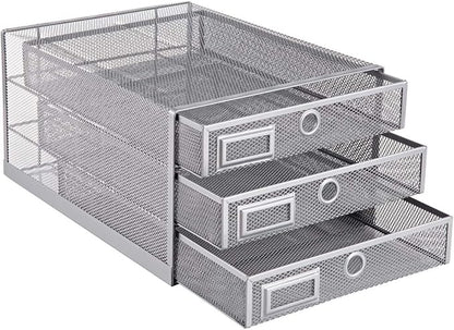 Annova Desk Organizer Wire Mesh 3 Tier Sliding Drawers Paper Sorter/Multifunctional/Premium Solid Construction for Letters, Documents, Mail, Files, Paper, Kids' Art Supplies (Silver)