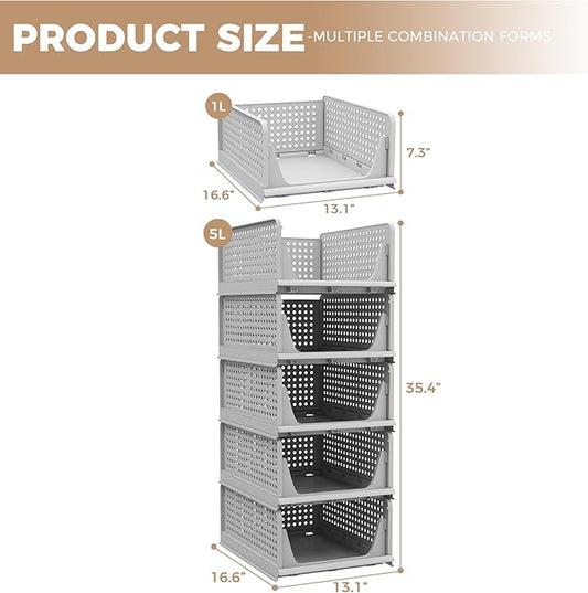 Pinkpum 5 Pack Folding Closet Organizers Storage Box, Stackable Plastic Drawer Basket for Clothing, Stackable Storage Bins Shelf Storage Container for Closet Wardrobe Bedroom Bathroom Office (Grey)