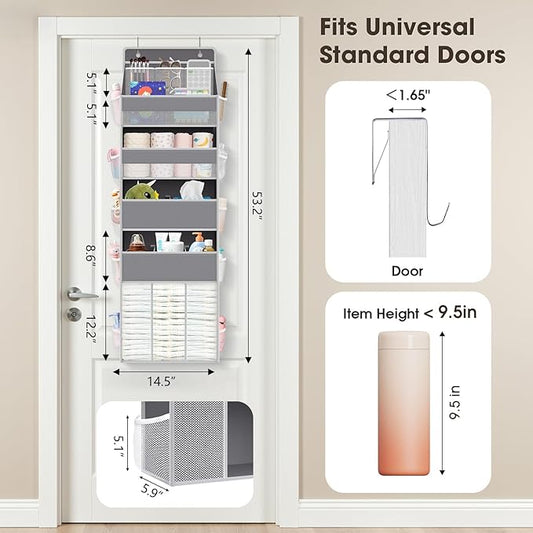 WISELIFE 5-Tier Over the Door Organizer for Hanging - 50LB Heavy-Duty Back of Door Organizer with 5 Spacious Pockets & 13 Mesh Pockets, Multipurpose Storage for Nursery, Bedroom, Closet(1 Pack, Gray)