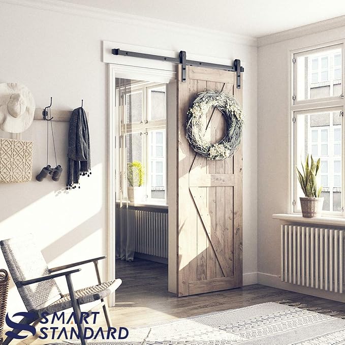 SMARTSTANDARD 5 Feet Heavy Duty Sturdy Sliding Barn Door Hardware Kit-Smoothly and Quietly-Includes Detailed Installation Fit 30" Wide Doorpanel (J Shape Hanger) Black