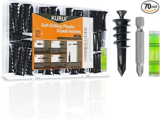 KURUI Heavy Duty Drywall Anchors with Screws, 70 PCS Black Self Drilling Wall Anchors for Sheetrock & Hollow Dry Wall, Holds Up to 75 lbs for Home Improvement Projects, Shelves, Mirrors & Home Decor