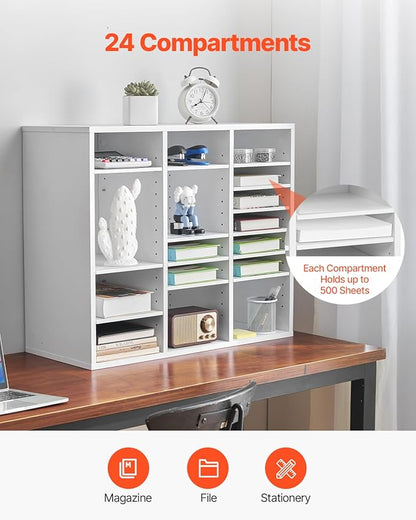 VEVOR Literature Organizer, 24 Compartments Office Mailbox with Adjustable Shelves, Wooden Mailbox Sorter Medium Density Fiberboard Office Home Classroom Storage for Files, Documents, Papers, White