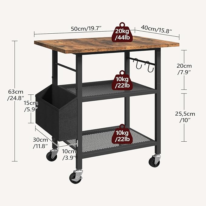 3-Tier Printer Stand, Rolling Printer Table on Wheels, Industrial Storage Stand with Side Pocket, Wooden Tabletop, 2 S-Shaped Hooks, for Home Office, Rustic Brown and Black PTHR2501