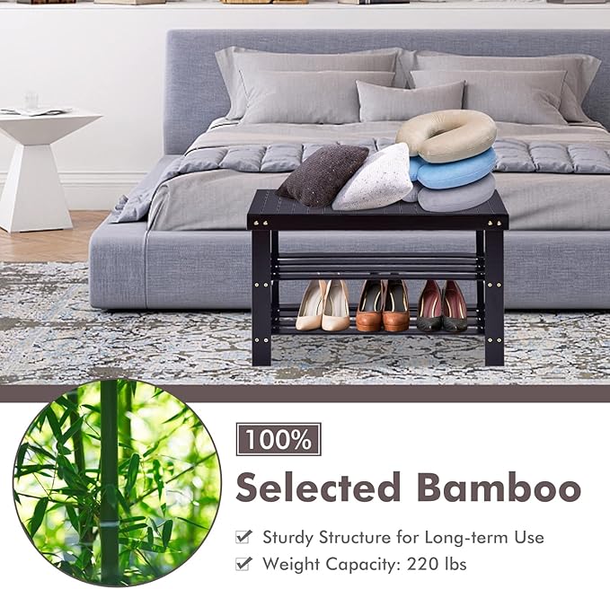COSTWAY 3-Tier Shoe Rack Bench, Free Standing Wood Entryway Shoe Storage Organizer, Bamboo Storage Shelf for Shoes,Ideal for Home Entryway, Hallway