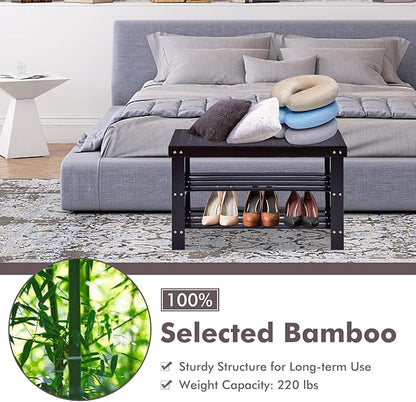COSTWAY 3-Tier Shoe Rack Bench, Free Standing Wood Entryway Shoe Storage Organizer, Bamboo Storage Shelf for Shoes,Ideal for Home Entryway, Hallway