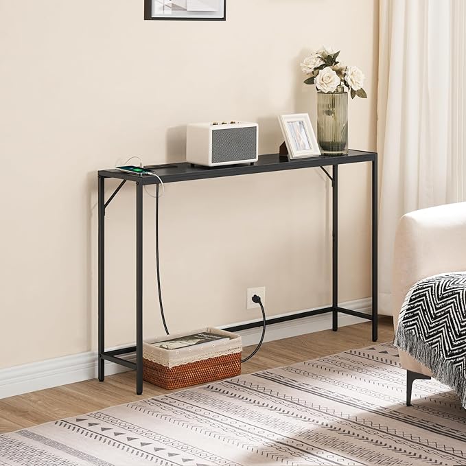 Console Table, Narrow Sofa Table, 43.3” Entrance Table with Power Station, Behind Couch Table, Simple Style, for Living Room, Hallway, Entryway, Foyer, Black CTHB112E01