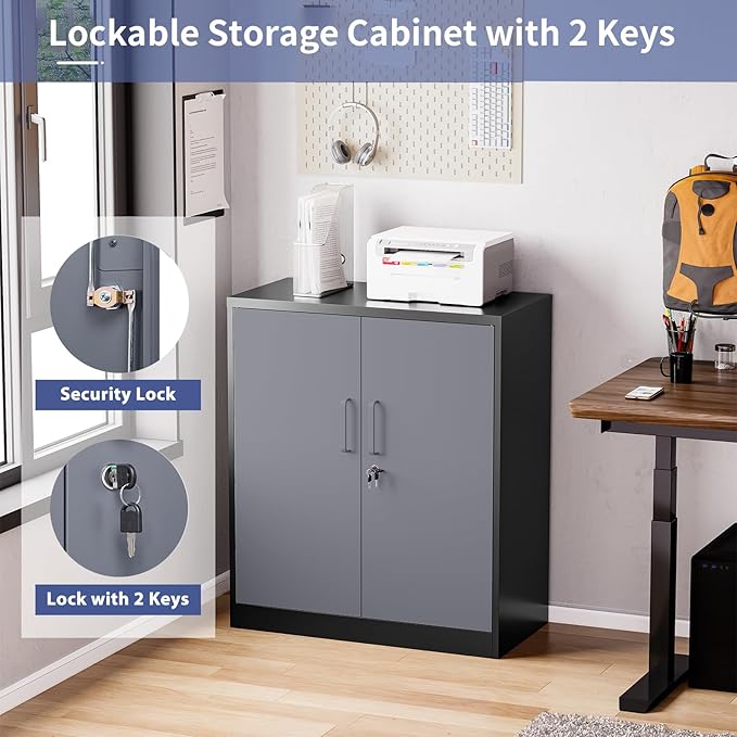 Metal Tool Storage Cabinet with Doors and Adjustable Shelves,Lockable Steel Cabinet for Garage,Home,Office and School Assembly Required(Grey)