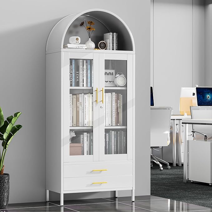 73'' Tall Metal Arched Display Cabinet with Glass Doors, Freestanding Arch Kitchen Pantry Cabinet with 2 Drawers for Home Office Bookcase(White)