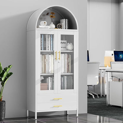 73'' Tall Metal Arched Display Cabinet with Glass Doors, Freestanding Arch Kitchen Pantry Cabinet with 2 Drawers for Home Office Bookcase(White)