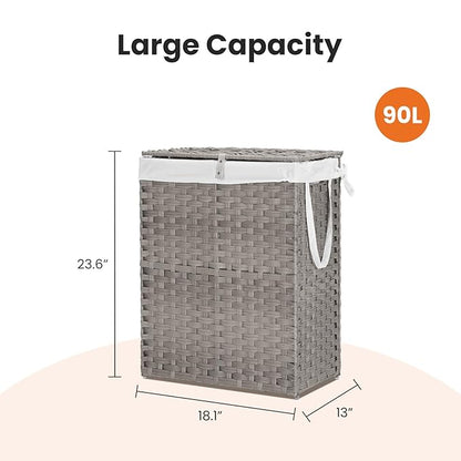 DUMOS Woven Laundry Basket with Lid, 90L Large Capacity Hamper, Removable & Machine-Washable Liner, Foldable Rattan Clothes Hamper, Sturdy Steel Frame, Odor Control, Dove Gray