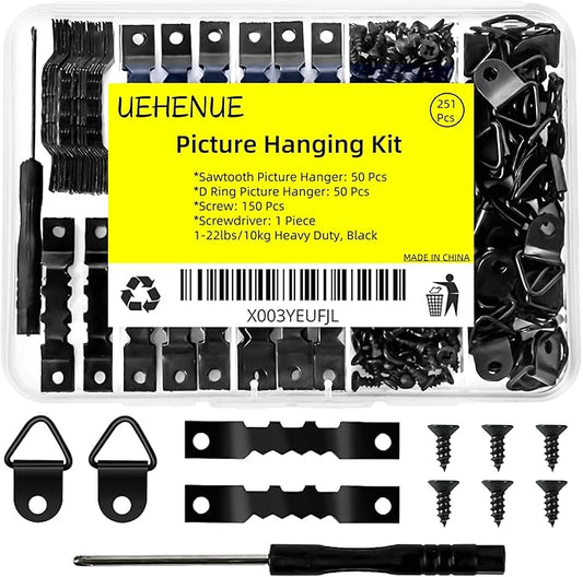 251Pcs Picture Hanging Kit, Include 50 Sawtooth Picture Hangers, 50 D Rings, 150 Screws and Screwdriver, Heavy Duty Picture Frame Hanging Hardware for Wall Artworks Frame Canvas Mounting