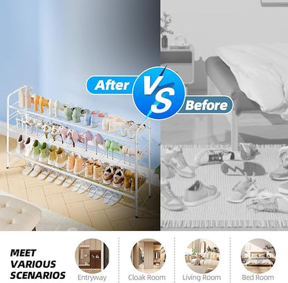 3 Tier Shoe Rack for Closet, 46.5 Inch Extra Long Shoe Storage Organizer for Shelves, Heavy Duty Metal, Easy Assembly, White